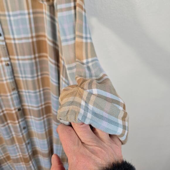 Show Me Your MUMU Leo Tunic Duster Women's S Blue Tan Plaid Button Up READ - Picture 4 of 12